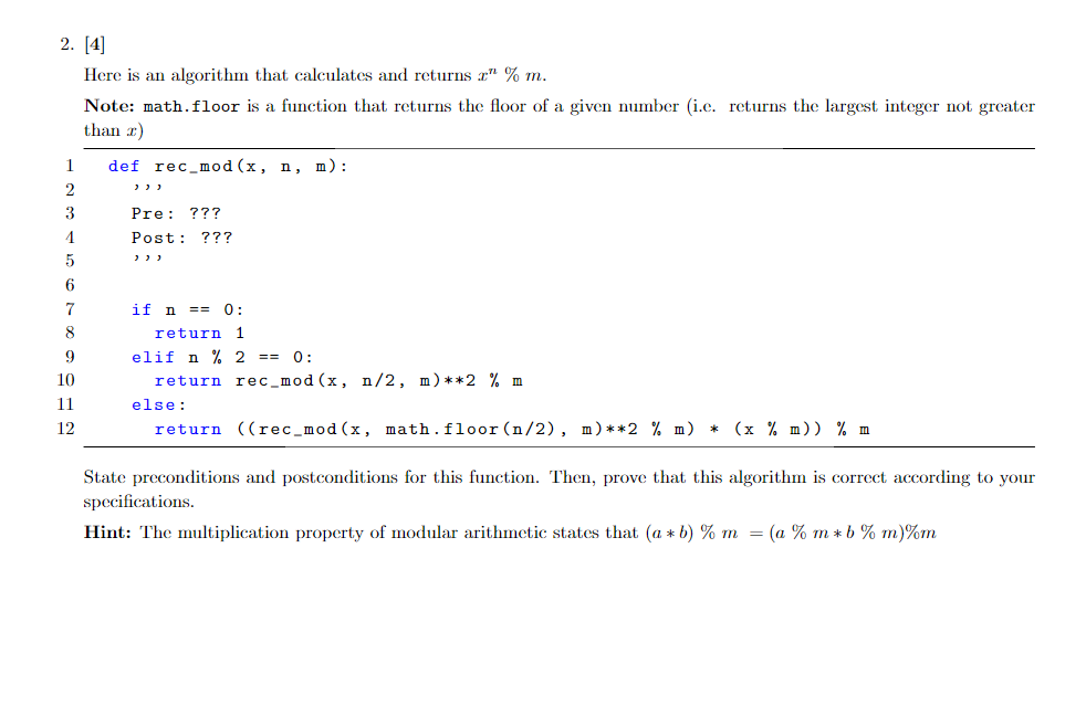 2. [4 Here is an algorithm that calculates and returns %