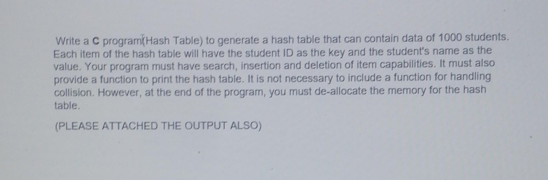 Write a C program Hash Table) to generate a hash table