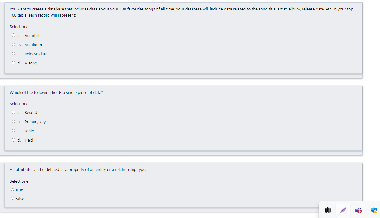  100 table, each record will represent: Select one: a. An artist