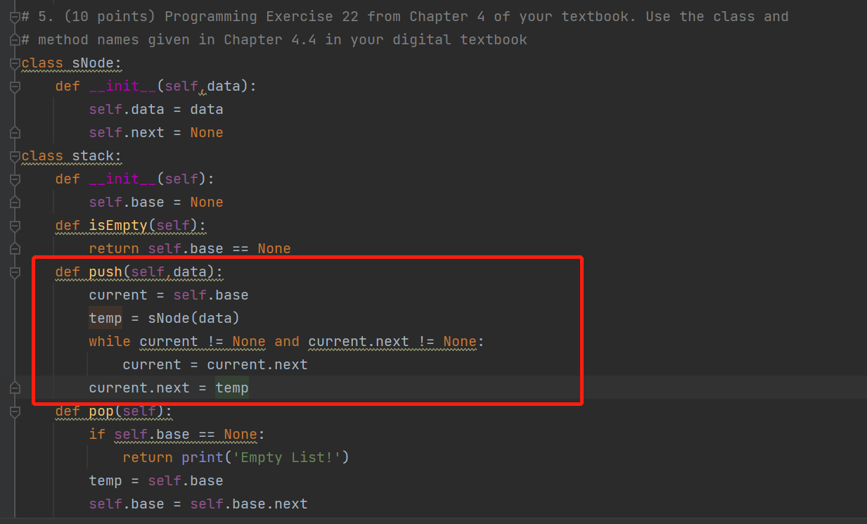 How to define the [push] method in a linked list to implement