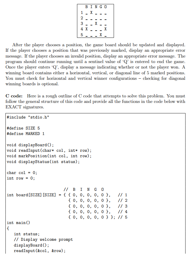 a simple variation of the game BINGO. Your program should display the