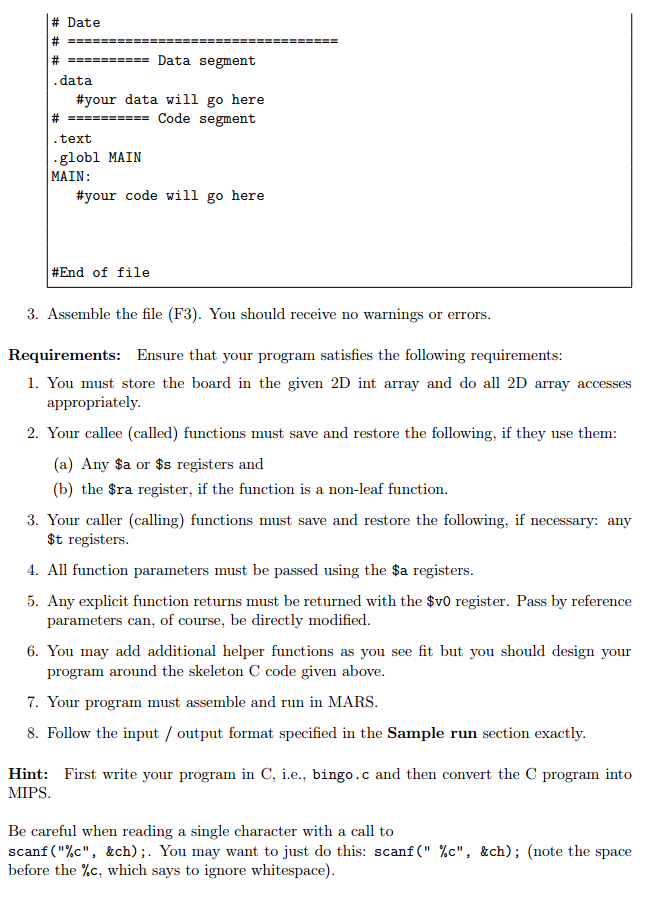 mark BING 0 A position can be marked by entering its column