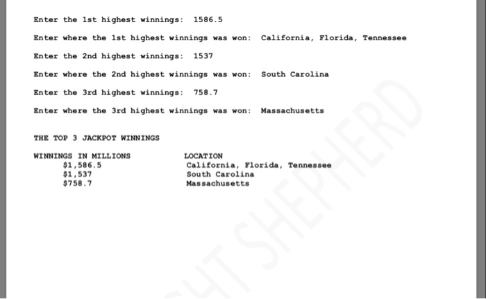 YourLastNameFirstlnitialLE61.java, code an array that contains the top 3 jackpot winnings in