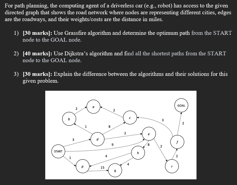  For path planning, the computing agent of a driverless car (e.g.,