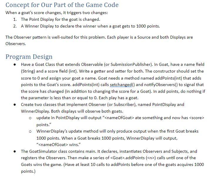 Program in java Concept for Our Part of the Game Code When
