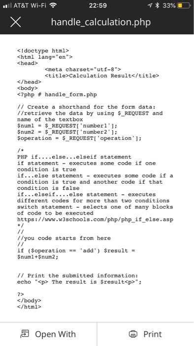  Php problem l AT&T Wi-Fi 22:59 * 33% Xhandle_calculation.php Calculation Result