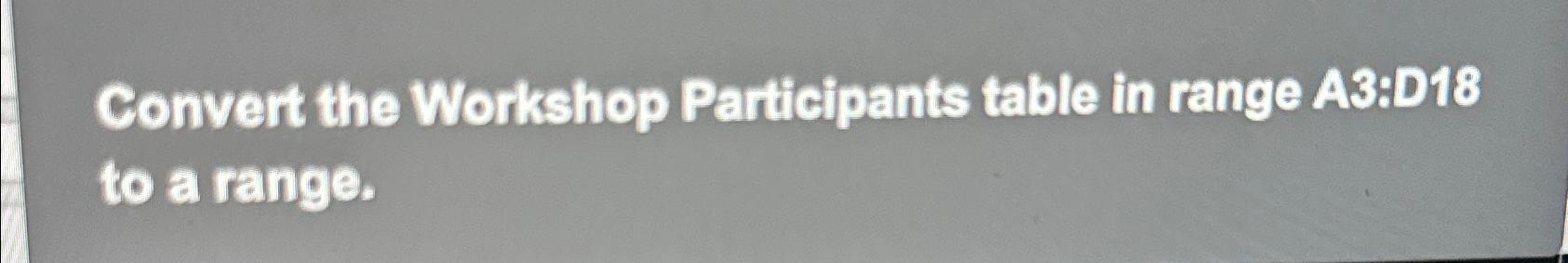  Convert the Workshop Participants table in range A3:D18 to a range.