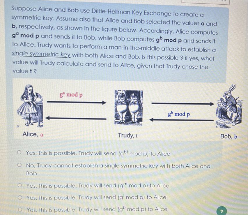  Suppose Alice and Bob use Diffie-Hellman Key Exchange to create a