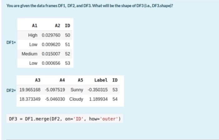  You are given the data frames DF1, DF2, and DF3. What