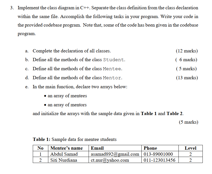  3. Implement the class diagram in C++. Separate the class definition
