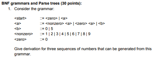  BNF grammars and Parse trees (30 points): 1. Consider the grammar: