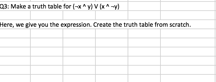 Make a truth table for (-x^y) V (x^-y) Here, we give
