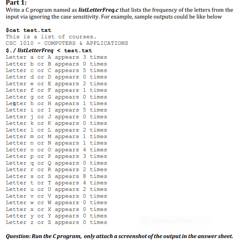 Part 1: Write a C program named as listLetterFreq.c that lists