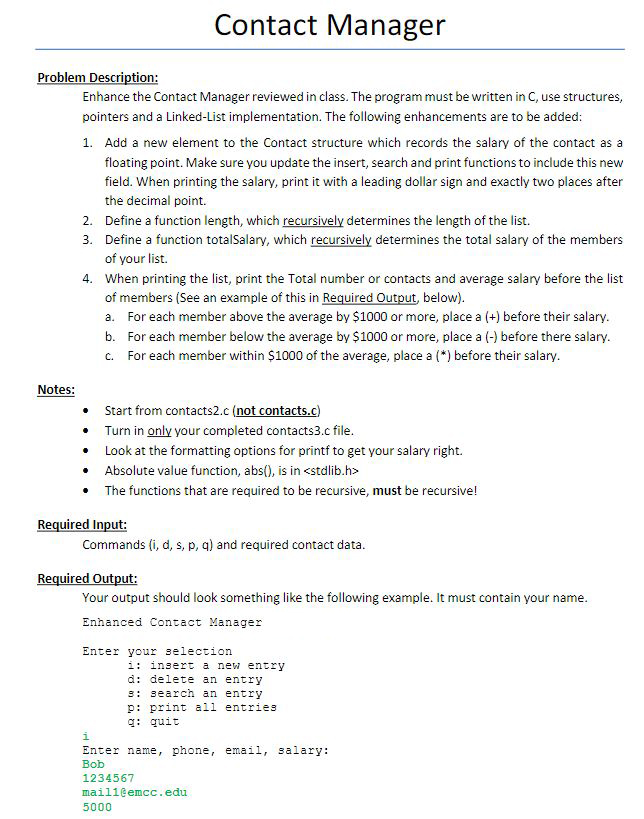  Given: contacts2.c #include #include #include #include struct node { struct contact