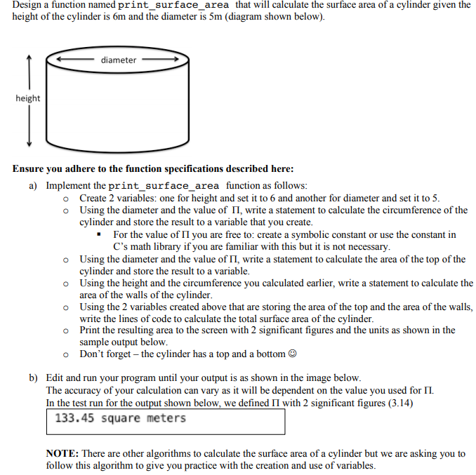 Please use JupyterLab. Design a function named print_surface_area that will calculate