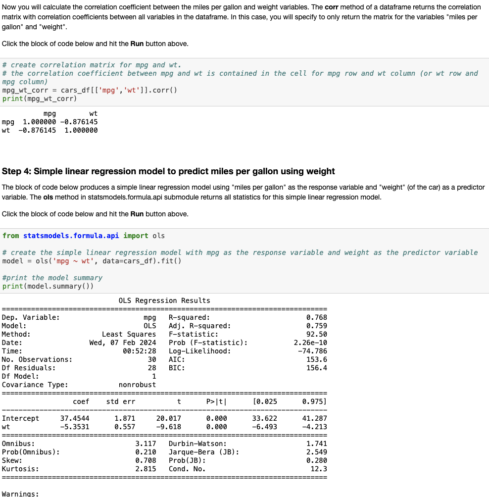  a) Write the simple linear regression equation for miles per gallon