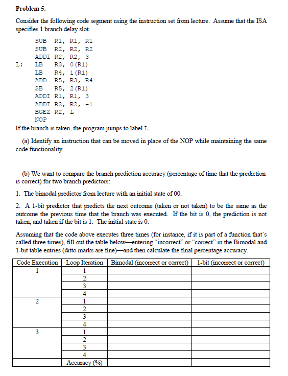  Problem 5 Consider the following code segment using the instruction set