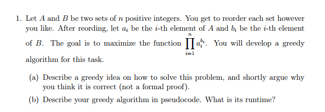 Analysis Of Algorithms Let A and B be two sets of n