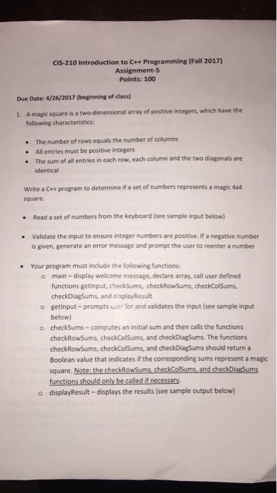  CIS 210 Introduction to C++ Programming (Fall 2017) Assignment Points: 100