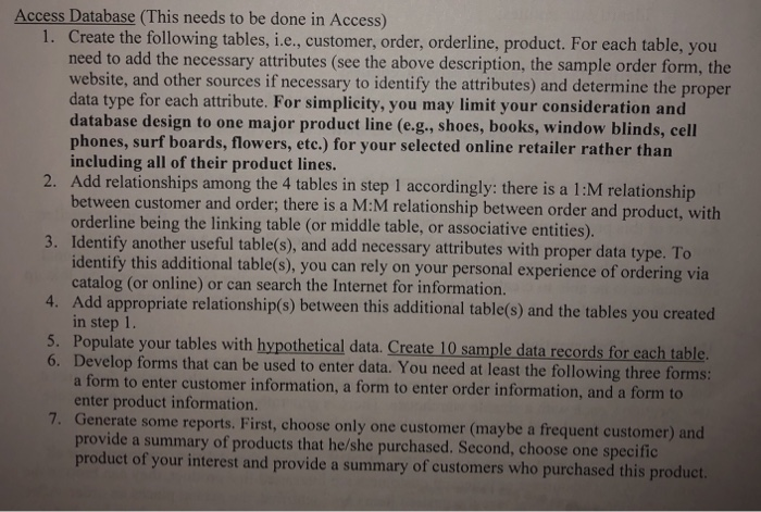  Create a customer,order,order line and product table in access based on