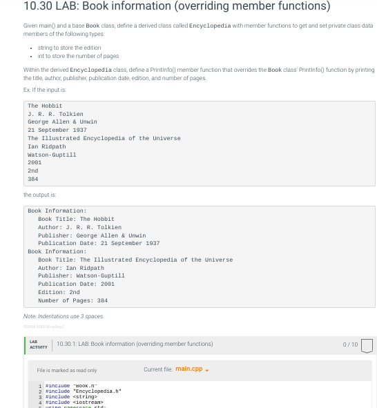  LAB: Book Information (overriding member function) c++10.30 LAB: Book information (overriding
