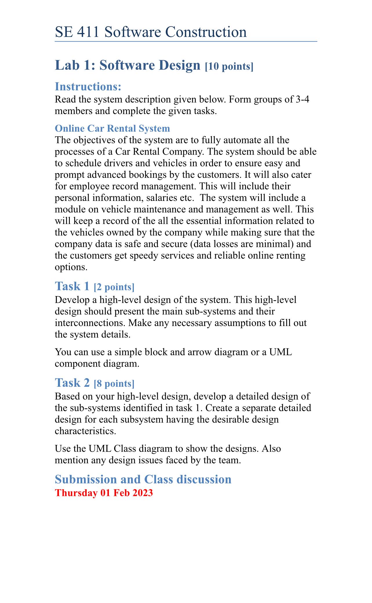  SE 411 Software Construction Lab 1: Software Design [10 points] Instructions: