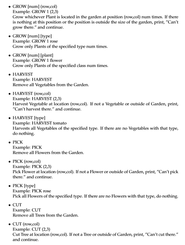 read commands like PLANT, PRINT, GROW, and HARVEST from a file and
