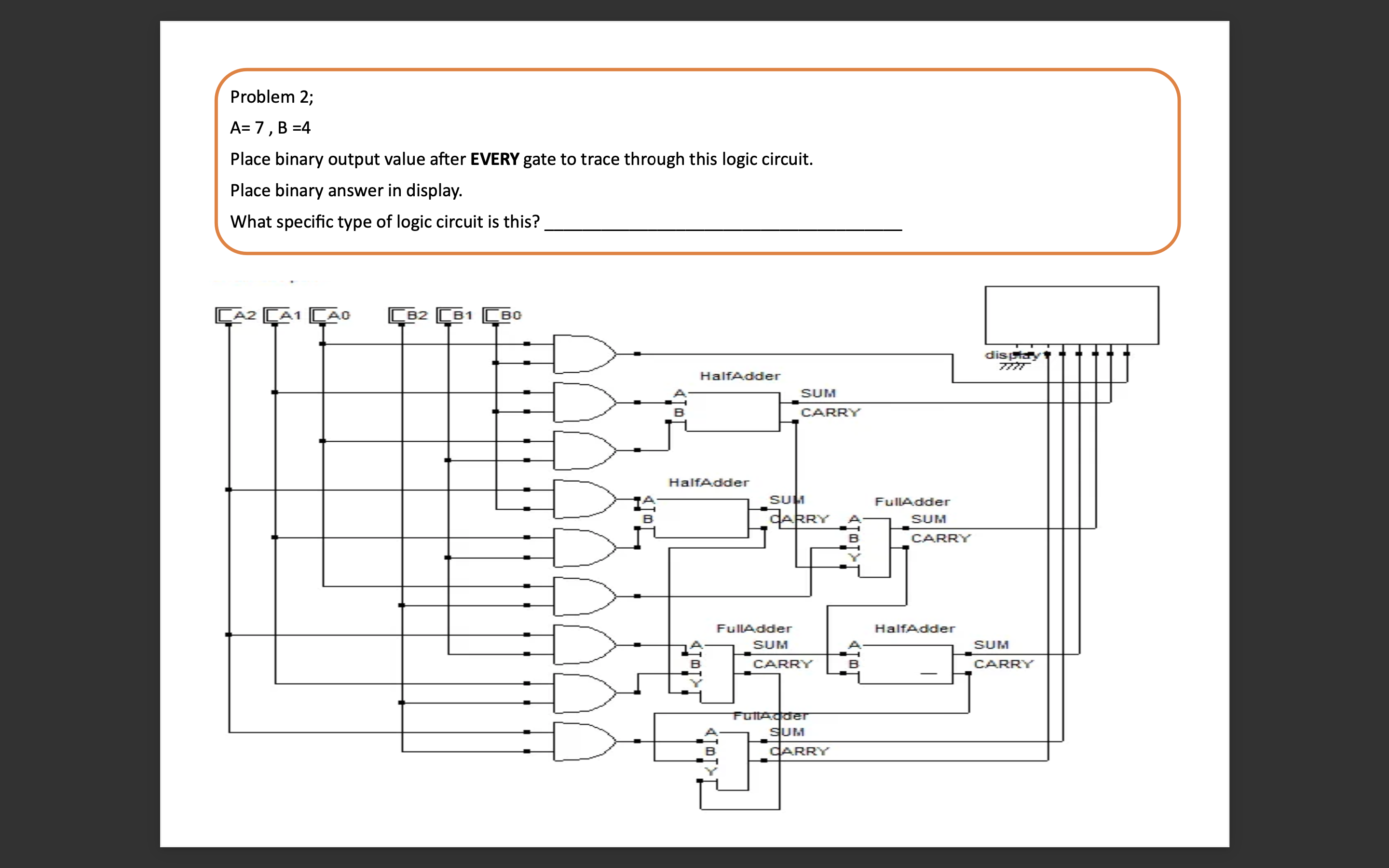  Problem 2; A=7,B=4 Place binary output value after EVERY gate to