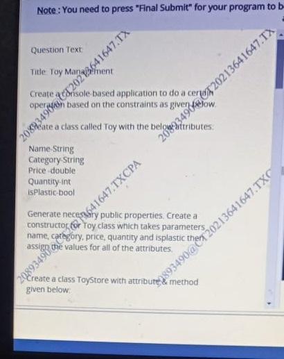 i need c# program for following Toy Management Problem in c# need