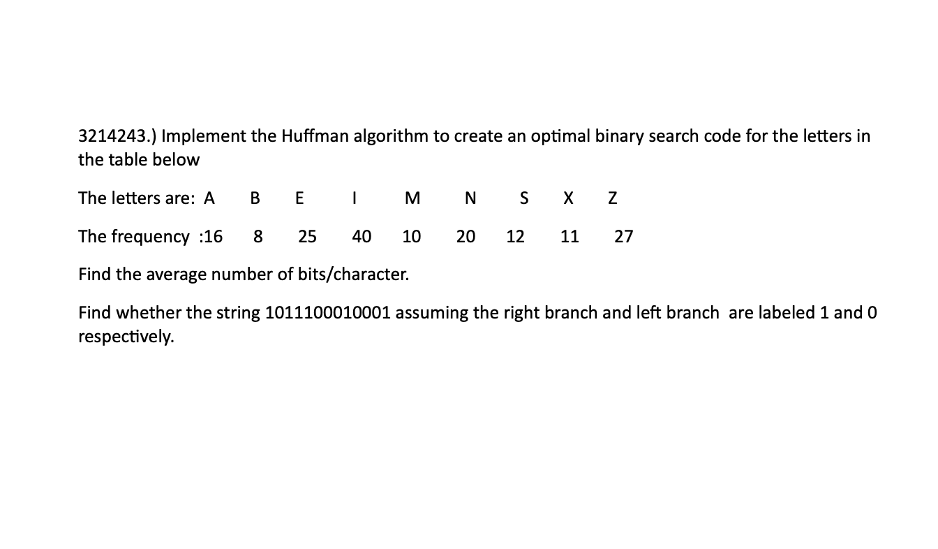 3214243.) Implement the Huffman algorithm to create an optimal binary search