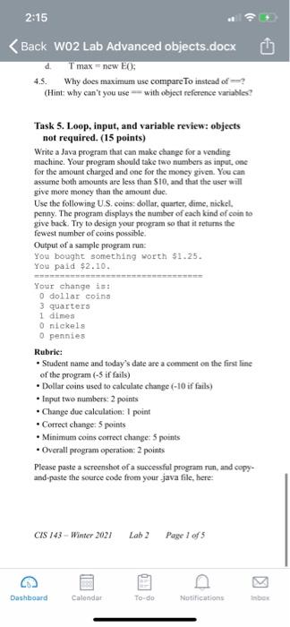task 5 java lang 2:15 d. Back Wo2 Lab Advanced objects.docx T