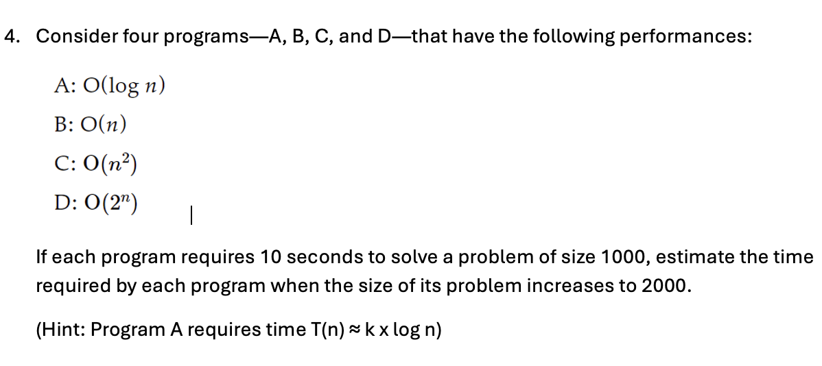  Consider four programs-A, B, C, and D-that have the following performances: