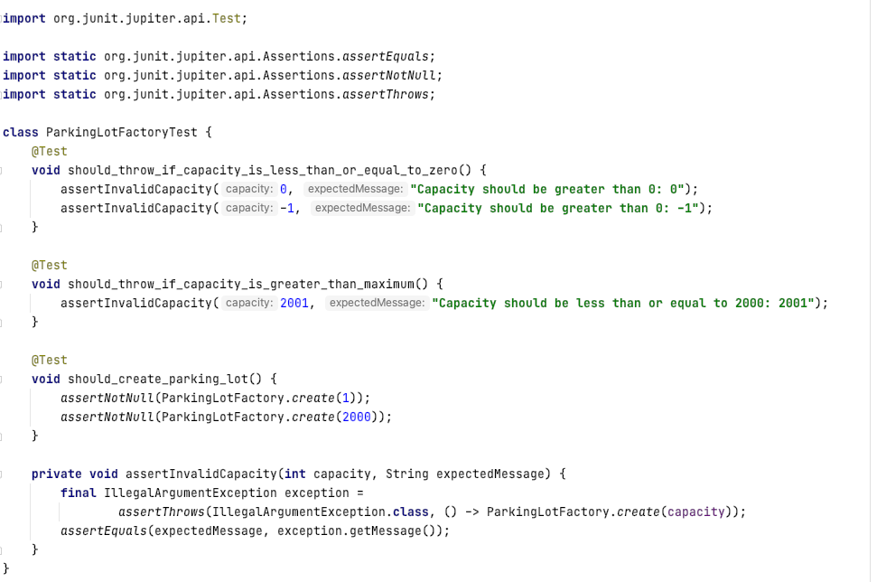 { } Following are the tests: file[ParkingLotFactoryTest.java] file[ParkingLotFetchingTest.java] -- a bit long,