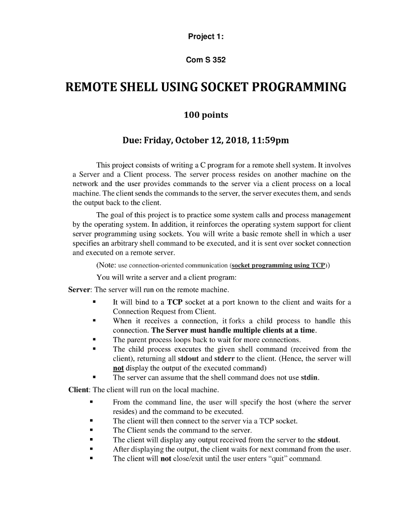  Project 1: Com S 352 REMOTE SHELL USING SOCKET PROGRAMMING 100
