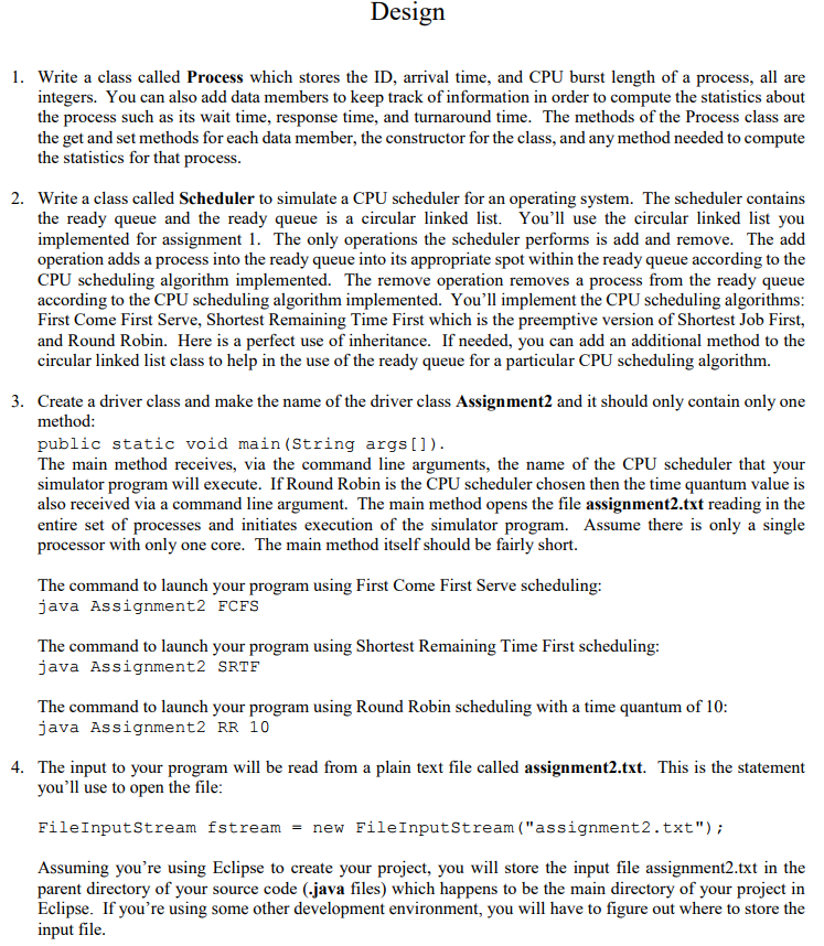  esign 1. Write a class called Process which stores the ID,