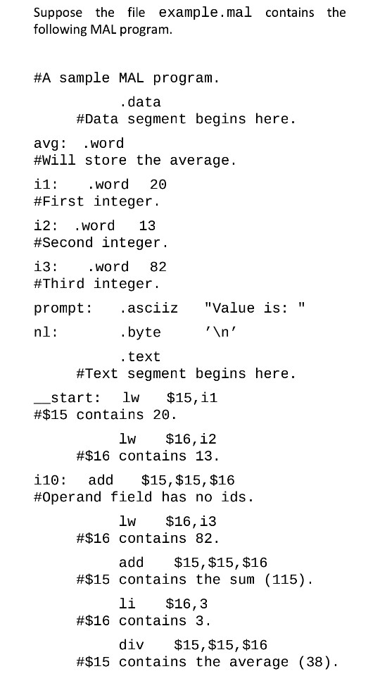 of labels of the MAL program used as variables, a list of