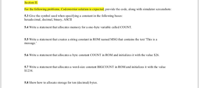  Please do 5.4 Section II: For the following problems, Codeworrior solution
