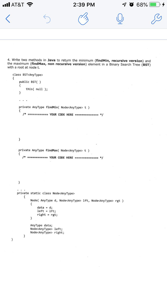 . AT&T 2:39 PM 4. Write two methods in Java to