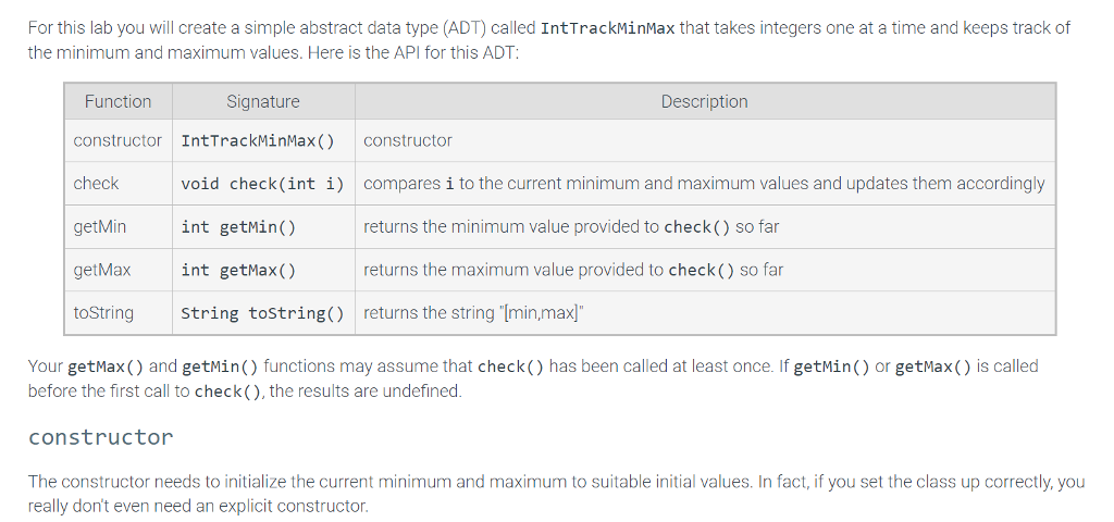  For this lab you will create a simple abstract data type