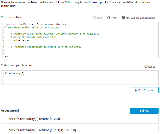  Construct a row array countValues with elements 1 to endValue, using