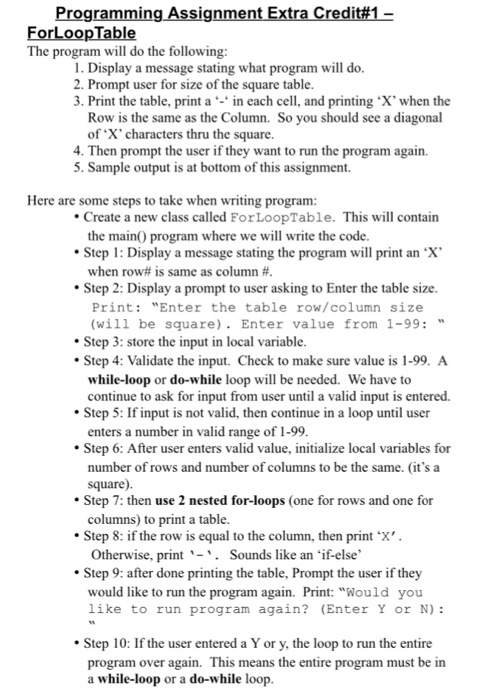  Programming Assignment Extra Credit#1- ForLoopTable The program will do the following: