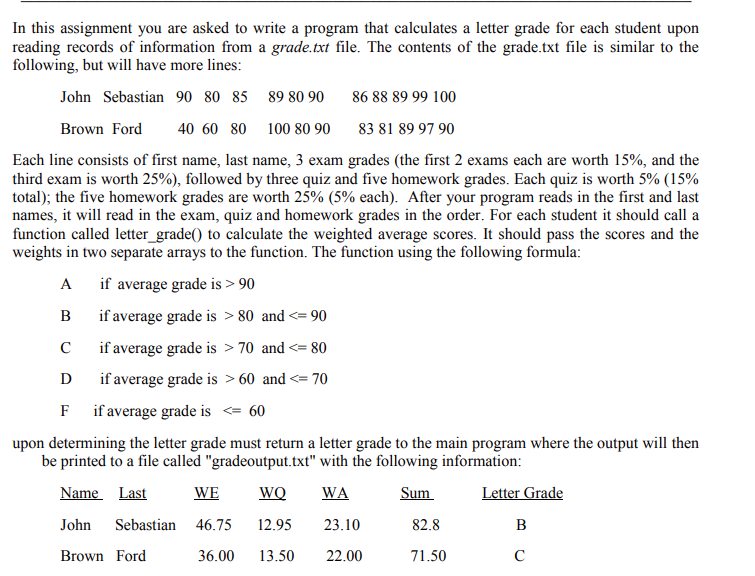 you are asked to write a program that calculates a letter grade
