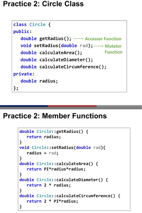 object of type Circle is used to display the area, diameter, and