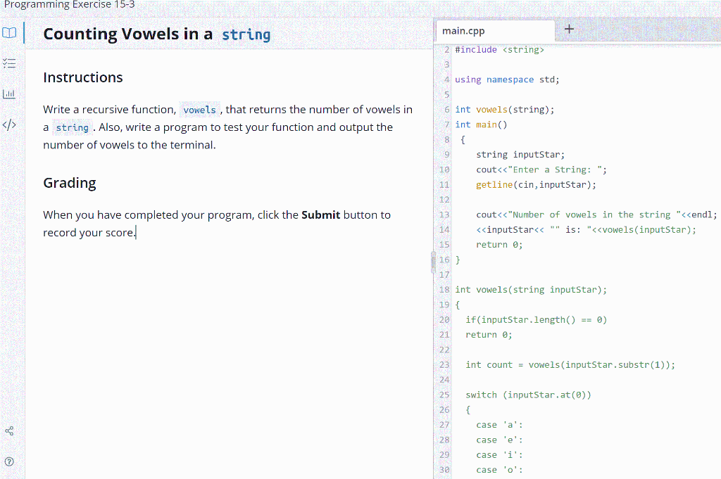 in c++ Programming Exercise 15-3 m | Counting Vowels in a string