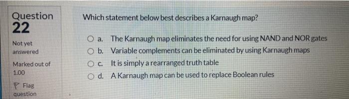  Question 22 Which statement below best describes a Karnaugh map? Not