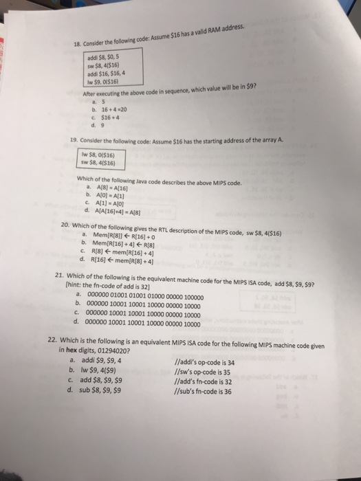 18. Consider the following code: Assume $16 has a valid RAM
