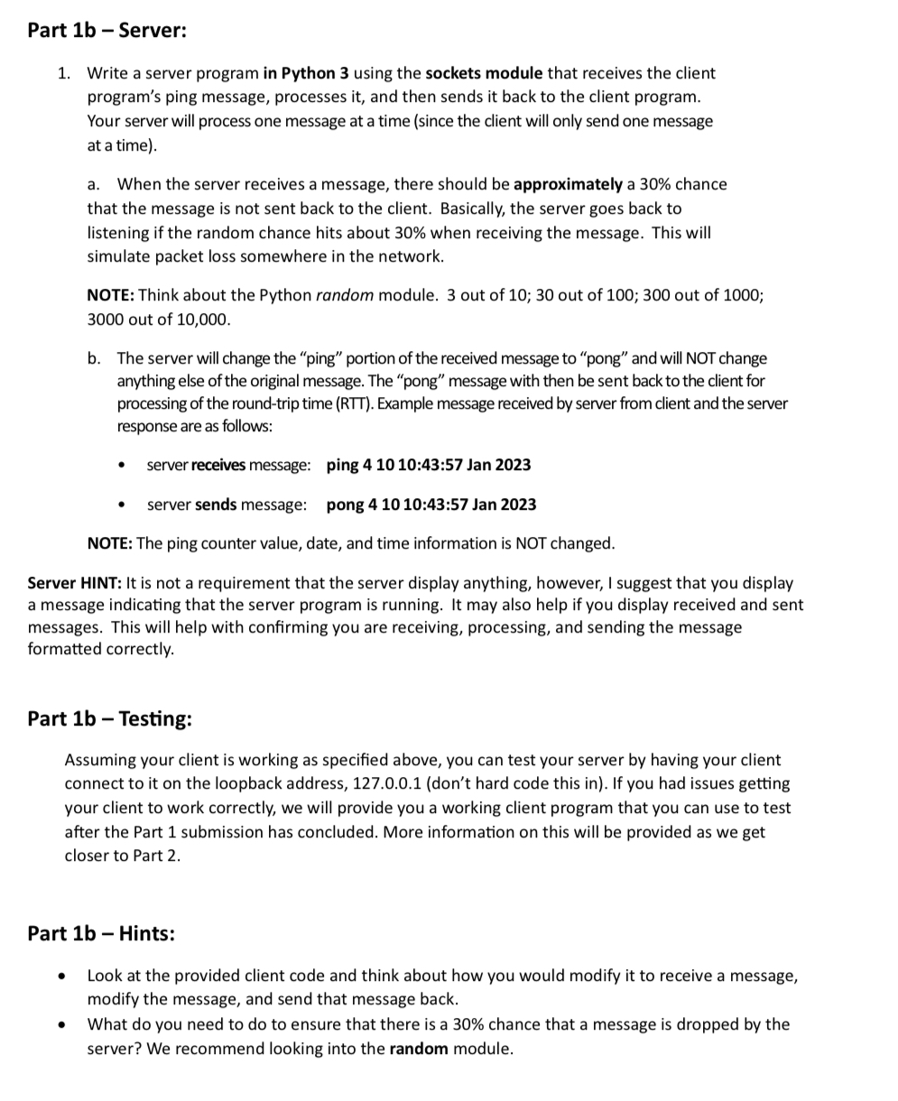  Part 1b - Server: Write a server program in Python 3
