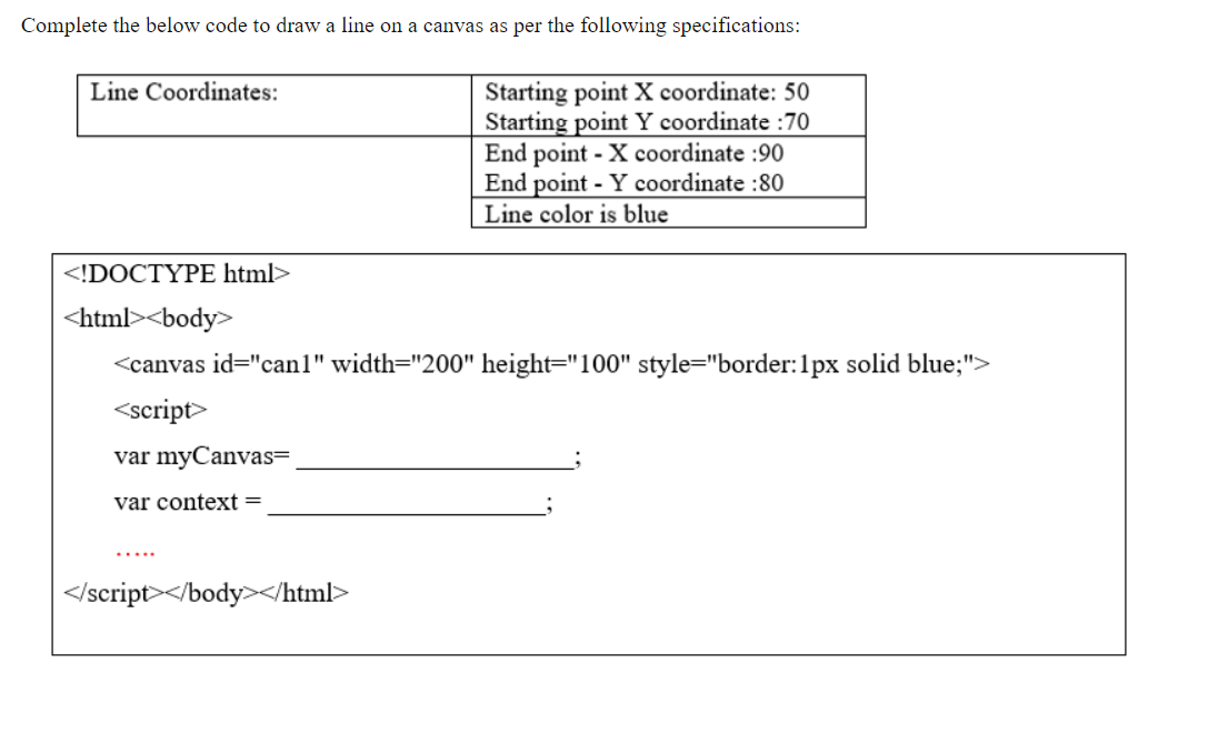  Complete the below code to draw a line on a canvas