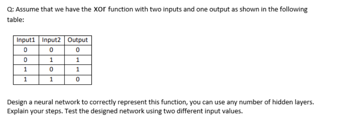 Q: Assume that we have the xor function with two inputs