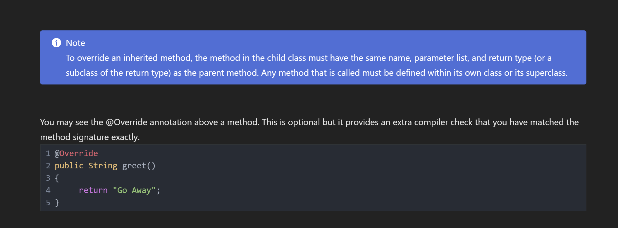 the greet() method from Greeter, but then overrides it. Run the program